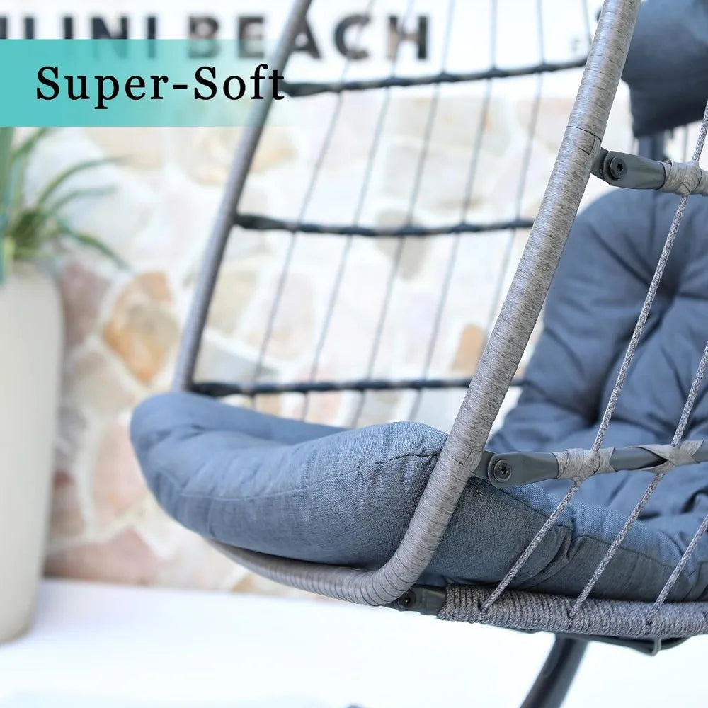 Egg Swing Chair with Stand, Outdoor Indoor Hanging Egg Chairs with Stand, Wicker Patio Egg Swing Chair with Cushion and Headrest