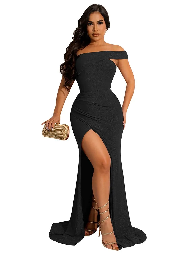 2023 Autumn Dresses for Women Off Shoulder Irregular Pleated Evening Dress Vestidos De Mujer Casual Elegant Maxi Robe Female