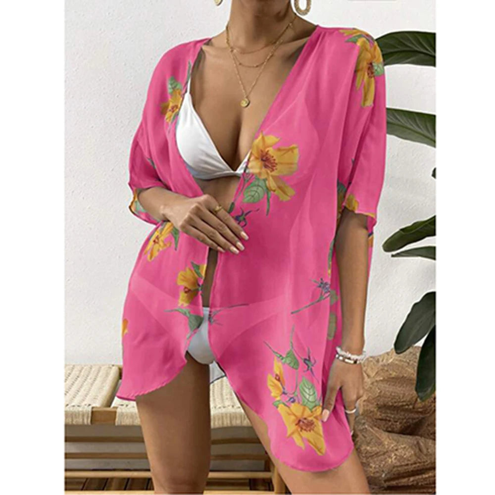 Women'S Summer Beach Kimono Cardigan Floral Print Chiffon Loose Top Bikini Cover Up Sexy Transparent Shawl Oversize Cardigan