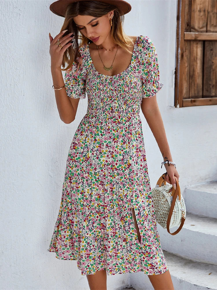 Ladies Sexy Vintage Floral Print Boho Summer Dress Women Casual Elastic Bohemian Beach Dress Women Sundress Robe Vestidos Female