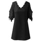 Women Lace Mesh Stitching Dress Black Patchwork V Neck Mini Dress Short Sleeve Dress Elegant Ladies Loose Party Outfits Vestidos