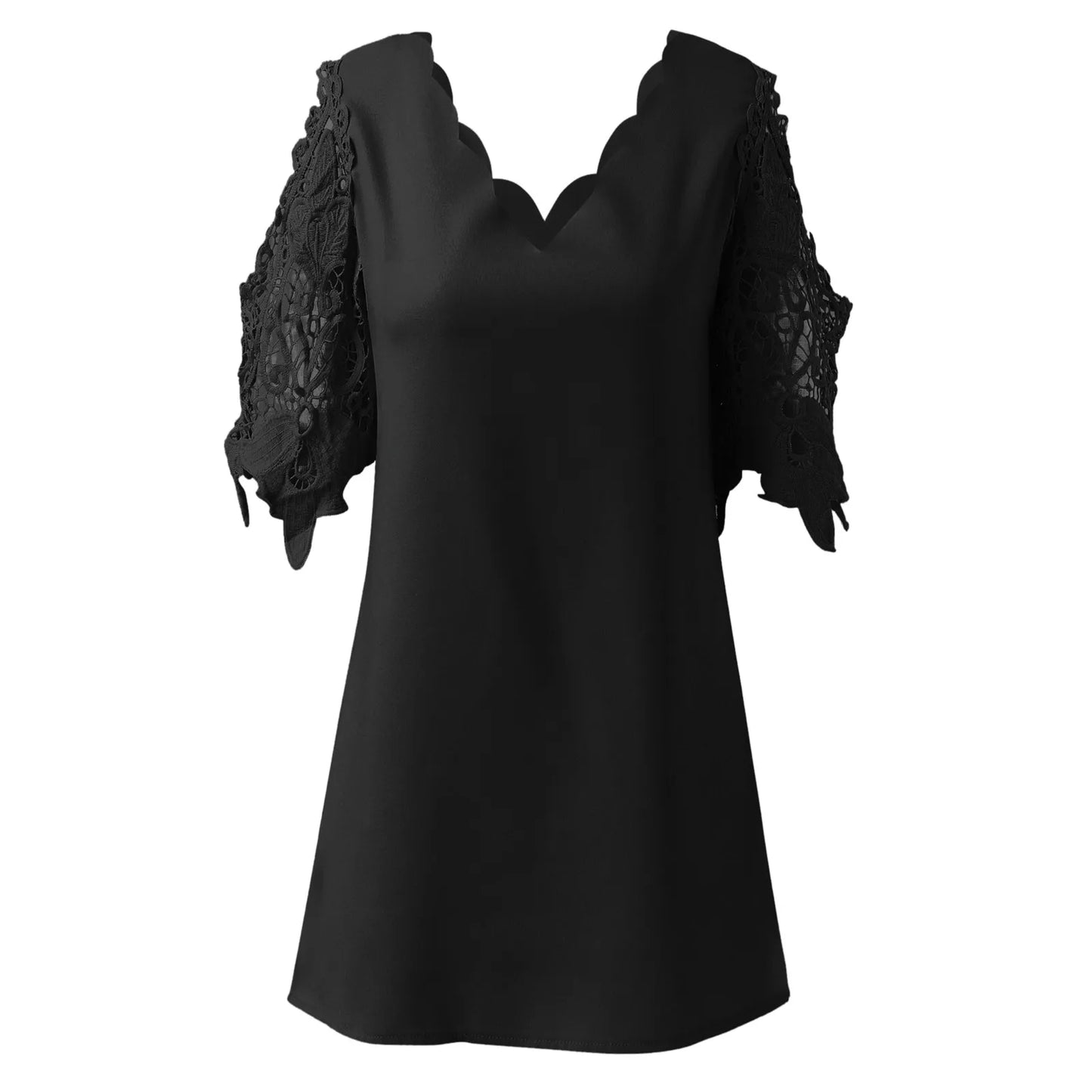 Women Lace Mesh Stitching Dress Black Patchwork V Neck Mini Dress Short Sleeve Dress Elegant Ladies Loose Party Outfits Vestidos