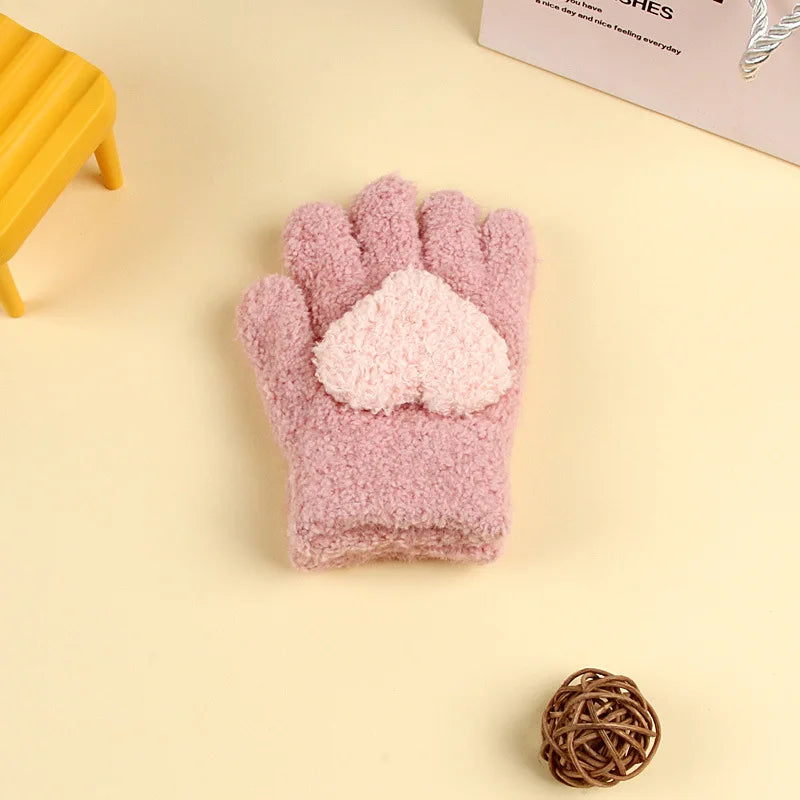 Winter Coral Fleece Kids Short Gloves Thicken Children Baby Love Plush Furry Full Finger Mittens Autumn Hand Warmer For 1-8Years