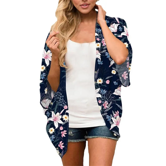 Women'S Summer Beach Kimono Cardigan Floral Print Chiffon Loose Top Bikini Cover Up Sexy Transparent Shawl Oversize Cardigan