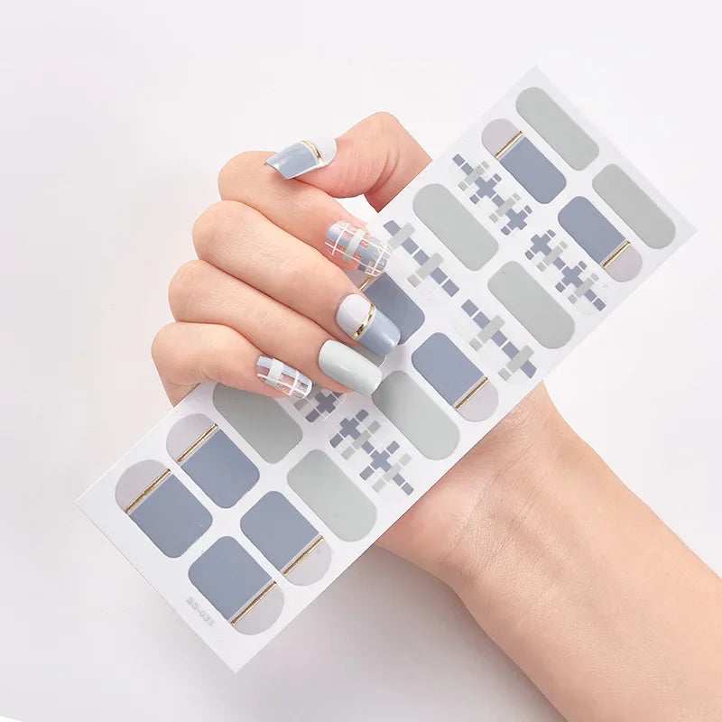 22pcs Blue Gel Nail Patch Slider Glitter Pink Adhesive Full Coverage Gel Nail Patch UV Lamp Cured Manicure for Woman & Girl