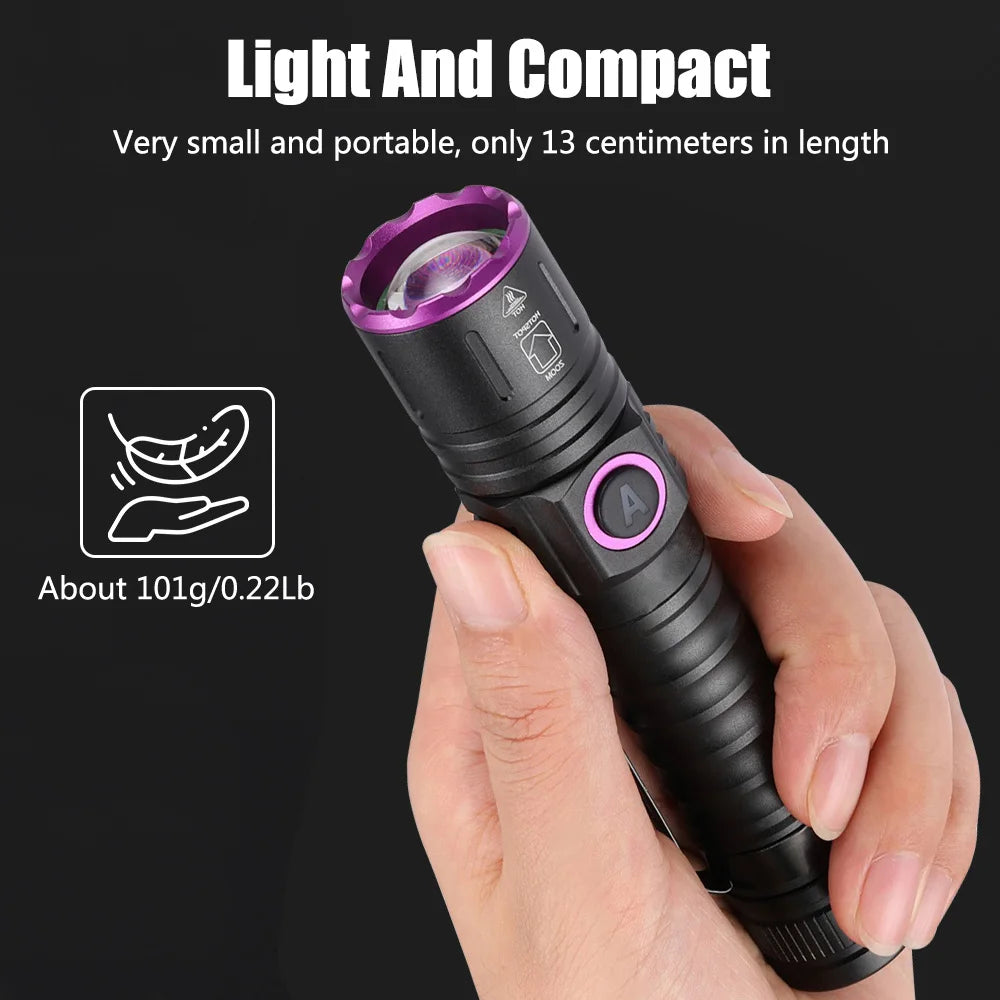 5W Mini 365nm 395nm UV Flashlight Zoom Ultraviolet Blacklight USB Rechargeable Purple Torch Pet Cat Dog Stains Urine Detector