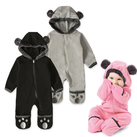 Baby Winter Clothes Baby Footed Romper Infant Baby Girls Boys Solid Cartoon Fleece Ears Hoodie Romper Clothes Robe De Noel Fille