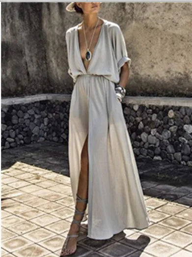 Women Summer Dress deep V neck sexy solid color half sleeve Split Women maxi long Dresses Vestidos JQMY20214