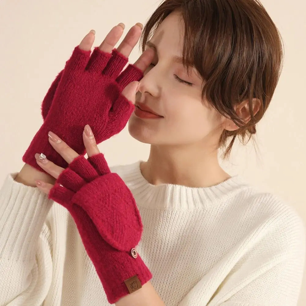 Women Winter Warm Gloves Thickening Wool Gloves Knitted Flip Fingerless Exposed Finger Thick Gloves Without Fingers Mittens