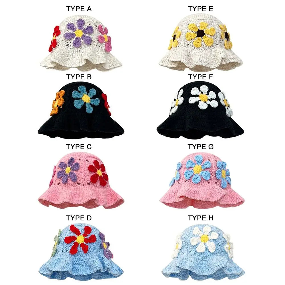 Cute Colorful Knit Hat Hollowed Out Knitted Sunshade Hat Flower Revealing Face Small Basin Hat Outdoor