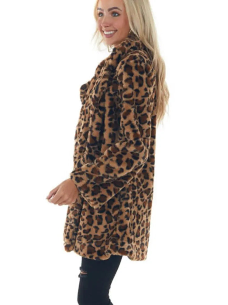 Fashion Lapel Long Sleeve Mid-length Rabbit Fur Coat For Women Autumn Winter Simple Casual Pocket Loose Leopard Coats Female