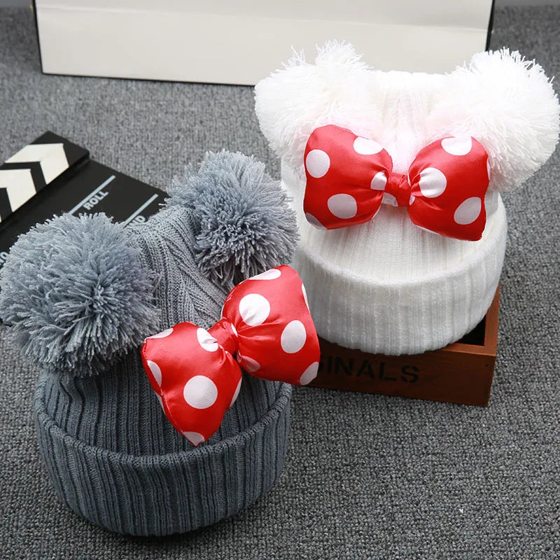 2022 New Cute Polka Dot Cartoon Big Bow Elastic Baby  Hat Children's Knit Cotton Beans Autumn Winter Warm Girl Double Pompom Cap