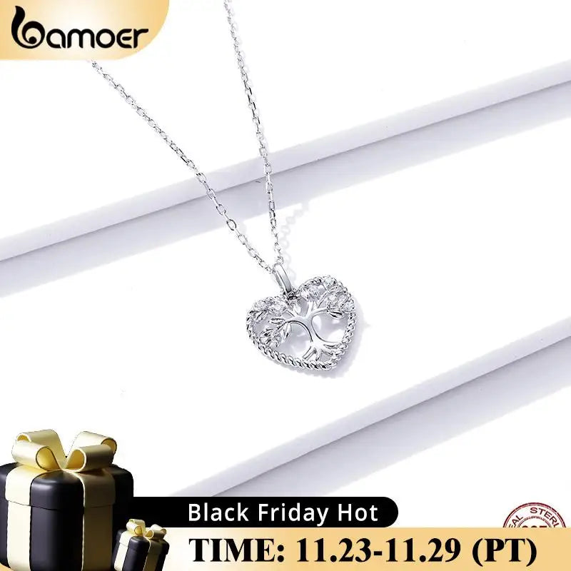 Bamoer GAN176 925 Sterling Silver Radiant Clear CZ Tree of Life Heart Pendant Necklace for Women Family Gifts Fine Jewelry