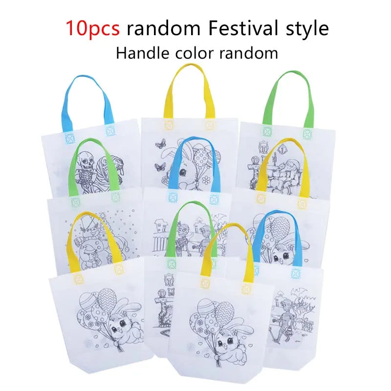 5/10pcs Festival Gift Bags Non Woven Fabric Christmas Halloween Easter Double Sided Graffiti Party Festival Tote Bag TMZ