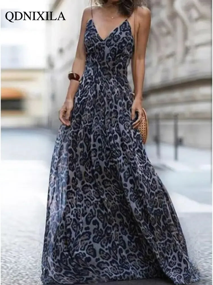 Dresses for Women 2024 New in Summer Dress Fashion and Sexy Leopard Print V-neck Suspender Long Dresses Elegant Party Dresses