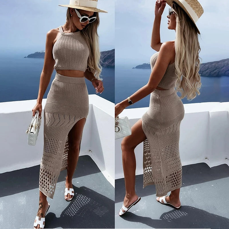 Beachwear Women Summer Dress Vacation Outfits for 2023 New Ladies Split Skirt Two Piece Solid Spandex Beach CoverUp