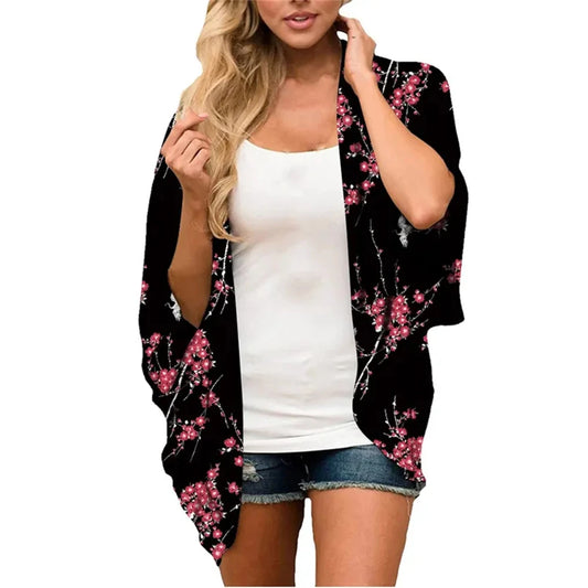 Women'S Summer Beach Kimono Cardigan Floral Print Chiffon Loose Top Bikini Cover Up Sexy Transparent Shawl Oversize Cardigan