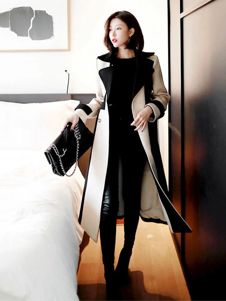 DEAT Woman Trench Coat Color Block With Belt Notched Full Sleeve Elegant High Street Style 2024 New Autumn Fashion 15TT172