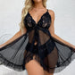 Women Underwear Porn Sexy Lingerie Dress V-Neck Lace See Through Nightdress Nightgown with Panties Set Erotic Babydoll