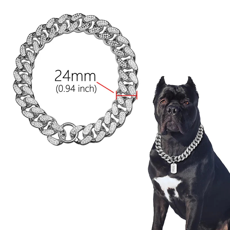 ABS Plastics Dog Collar Chain Diamond Inlay Sparkle Bulldog Necklace Cat Collars Pet Accessories Small Medium Large Dogs Golden