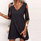 Women Lace Mesh Stitching Dress Black Patchwork V Neck Mini Dress Short Sleeve Dress Elegant Ladies Loose Party Outfits Vestidos