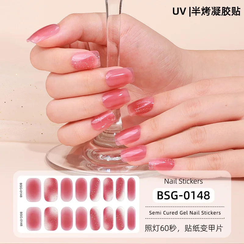 16 Strips Semi-cured Gel Nail Art Stickers 3D Hot Stamping Phototherapy Long Lasting Manicure Stickers Full Cover Nail Charms