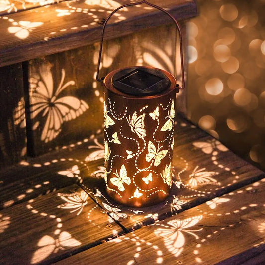 1pc Led Solar Light Solar Hanging Lantern Butterfly Solar Iron Art Lantern Decorative Pathway Lamp Outdoor Metal Hollow Lights