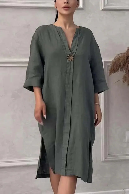 Women's New Cotton and Linen Solid Color Casual Round Neck Button Long Dress