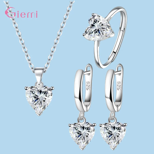 Hot Sale 925 Sterling Silver 2023 New Arrival Heart Shape Colorful Smart Necklace Earrings Ring Jewelry Sets For Women Girls