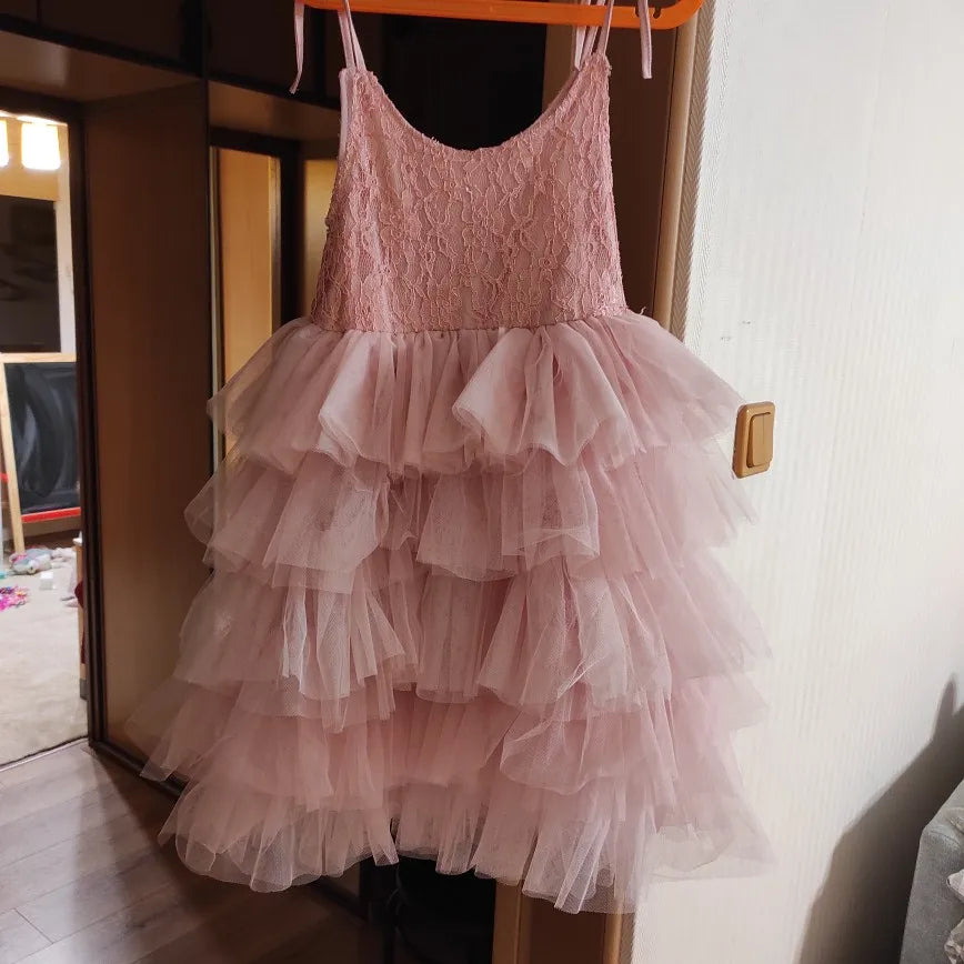 Little Girls Summer Dress for Kids Princess Birthday Party Gown Lace Sling Tutu Wedding Children Dresses Vintage Floral Clothes