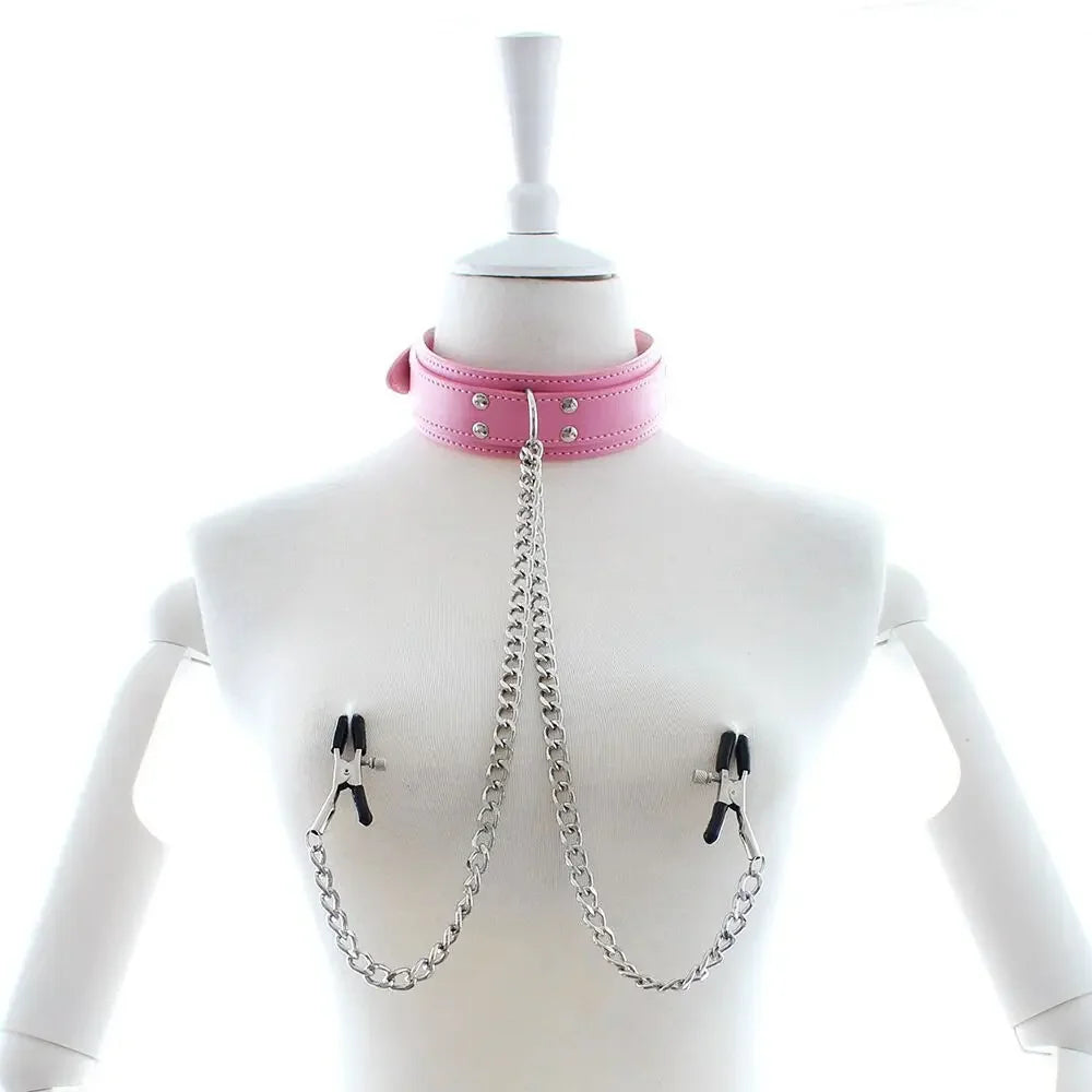 Sexy Leather Choker Collar With Nipple Clamp Breast Clip Chain SM Bondage Couple SM Sex Toys For Woman Erotic Tools Adult Games