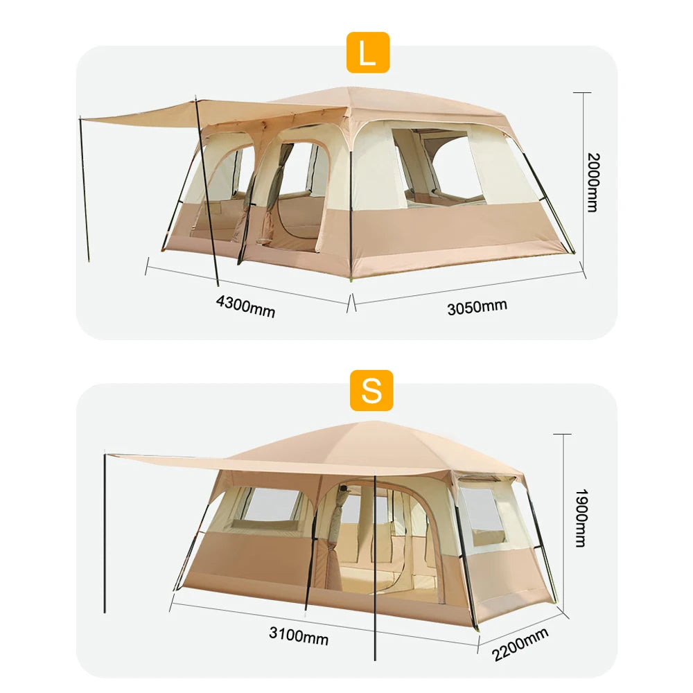 Travel Camping Tent with 2 Rooms Large Family Cabin Tent Breathable and Rainproof for 8-12 Persons Hiking Backpacking Beach