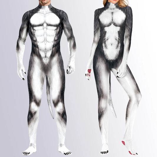 Zawaland Animal wolf 3D Print Petsuit with Tail Cosplay Costume Crotch Zip Jumpsuit Funny Halloween Carnival Disguise Bodysuit
