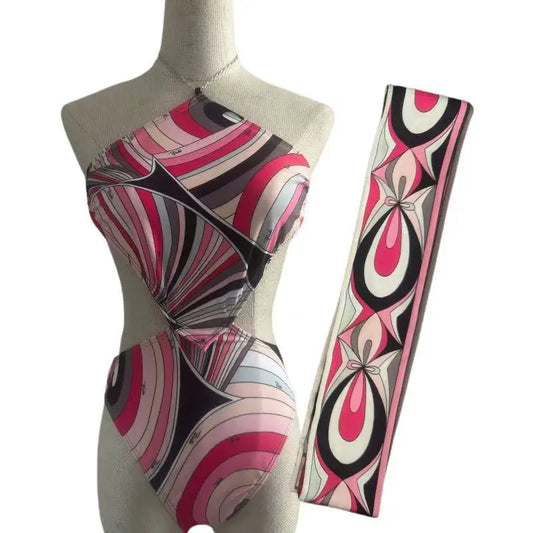 Women Swimsuit Split Swimsuit Bikini Striped Geometry Pattern One-Piece Swimsuit
