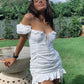 Lace up embriodery white summer dress women hollow out beach short dress puff sleeve ruffle ruched bodycon mini dress vestidos