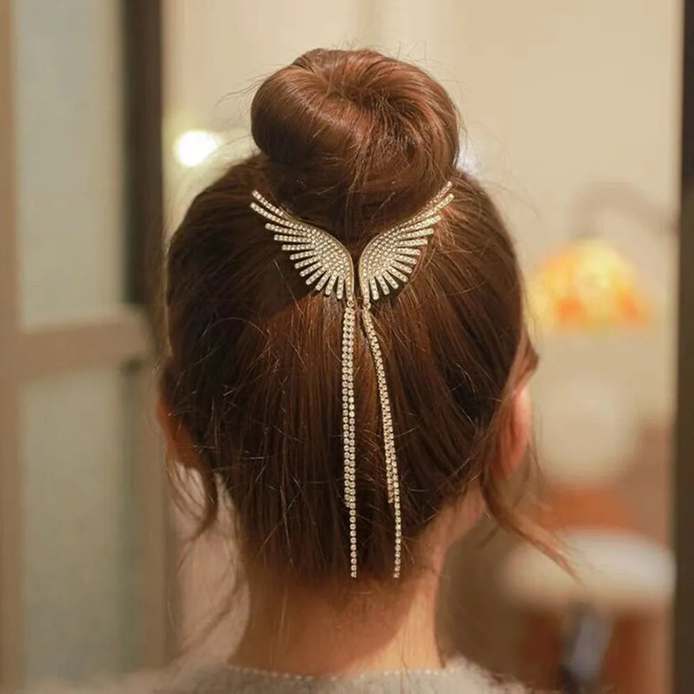 Haimeikang New Angel Wings Hair Bun Hair Clips Women Girls Rhinestone Tassel Ponytail Button Hairpin Golden Fashion Accessories