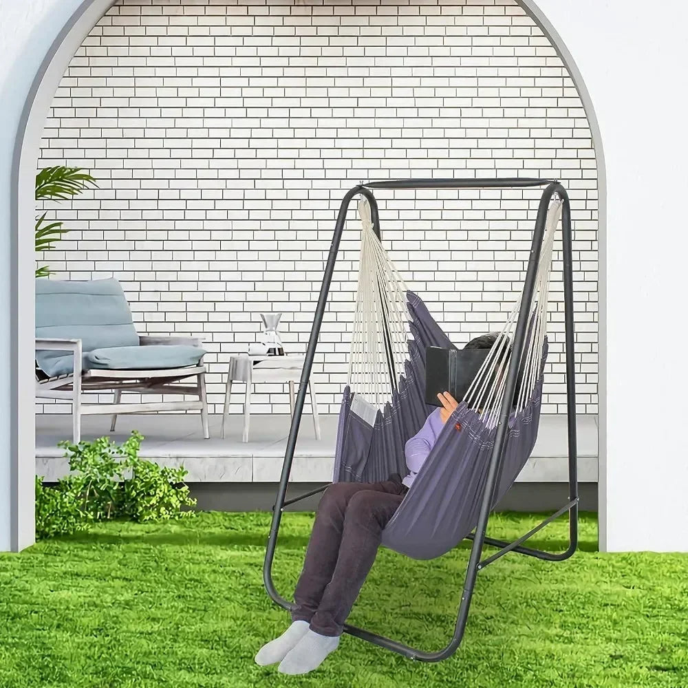 Hammock Chair Stand with Hanging Swing Chair Included, Weather Resistant and Saving Space Stand Max 450 Lbs, Hammock