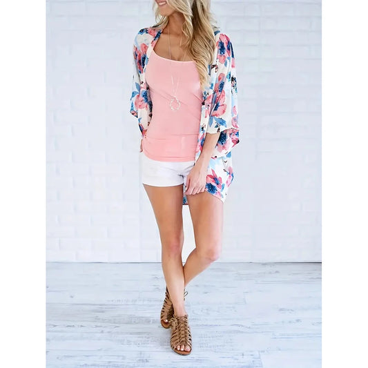 Women'S Summer Beach Kimono Cardigan Floral Print Chiffon Loose Top Bikini Cover Up Sexy Transparent Shawl Oversize Cardigan