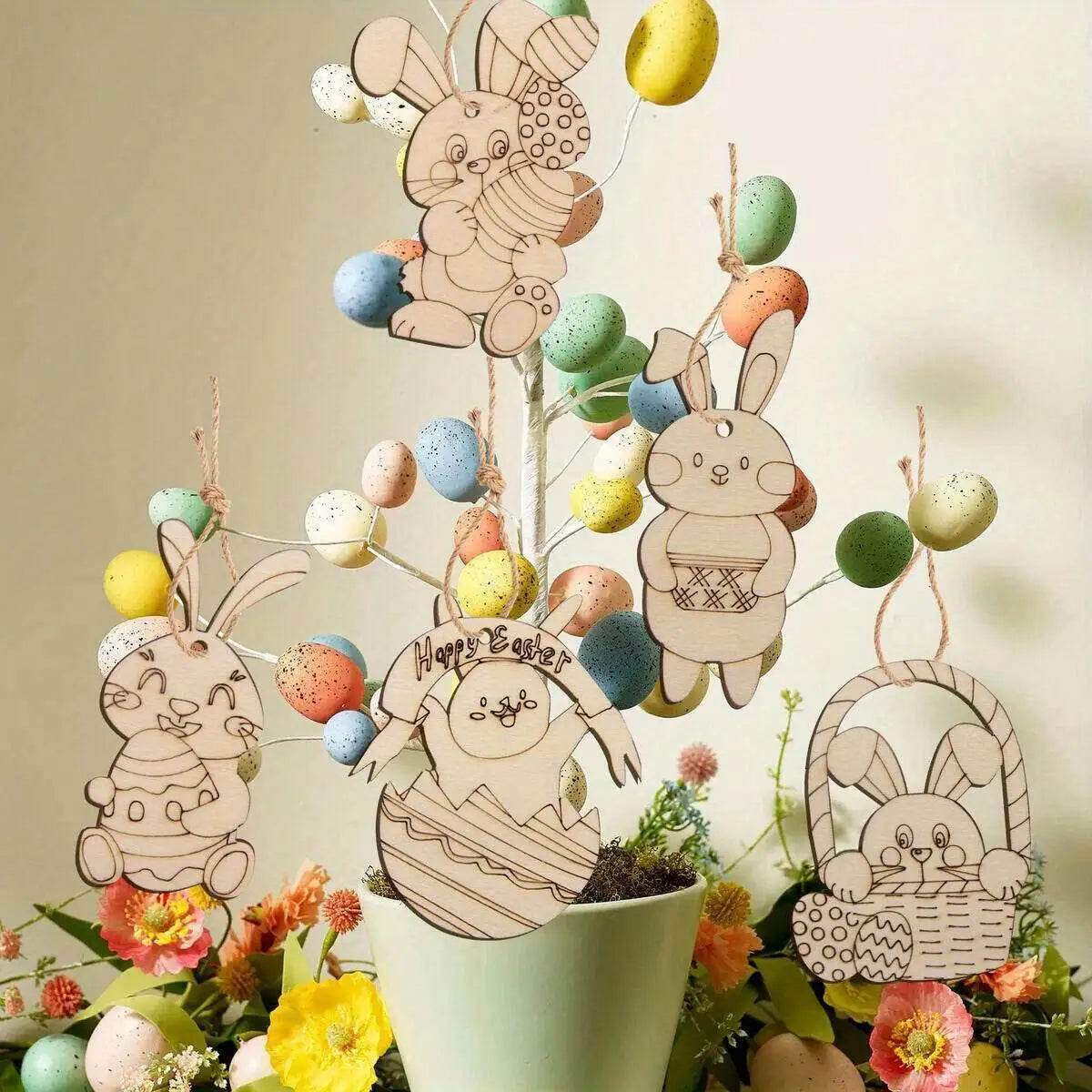 12PCS Wooden Rabbit Slice Ornament Carton Egg Bunny DIY Painting Hanging Pendants For Happy Easter Spring Party Decorations