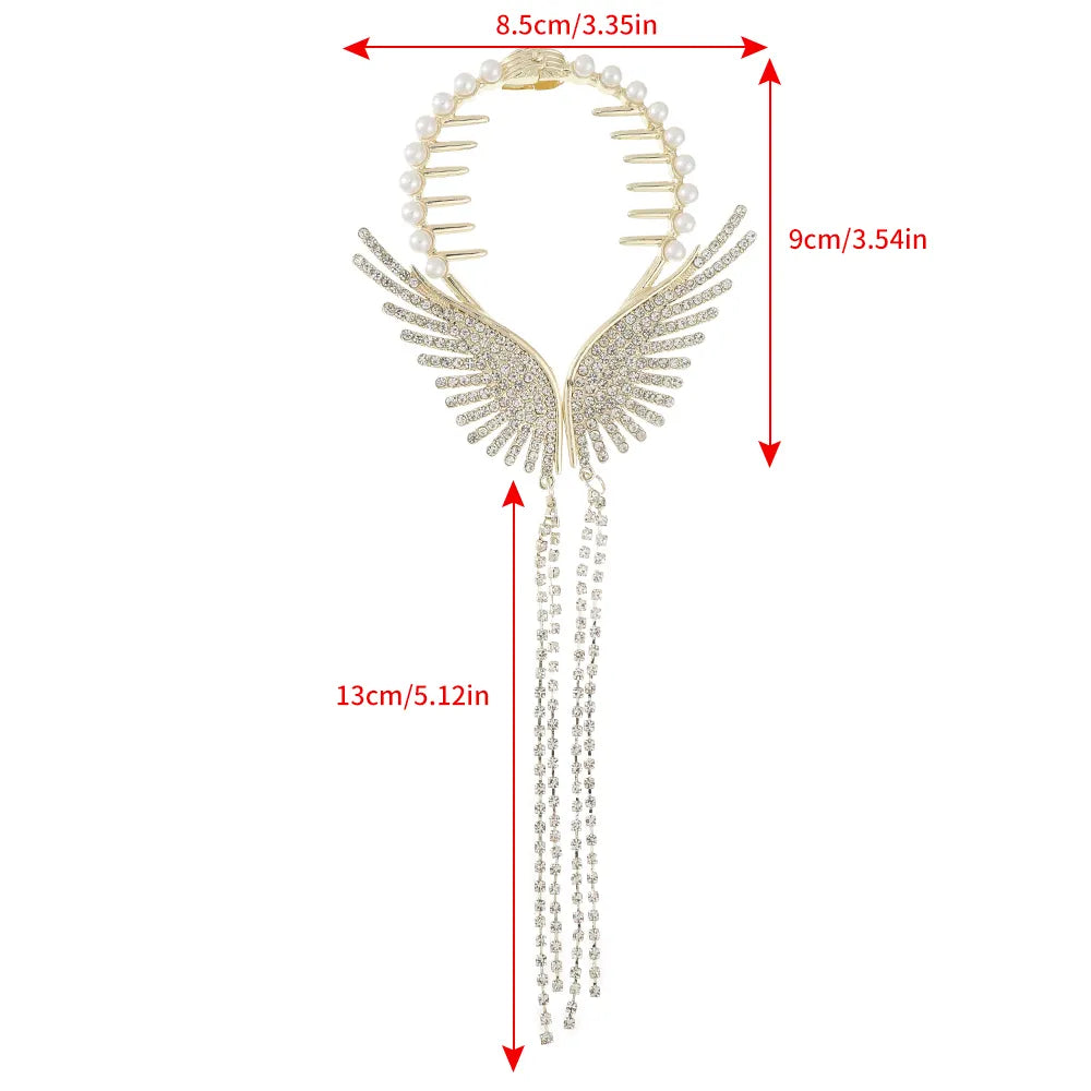 Haimeikang New Angel Wings Hair Bun Hair Clips Women Girls Rhinestone Tassel Ponytail Button Hairpin Golden Fashion Accessories