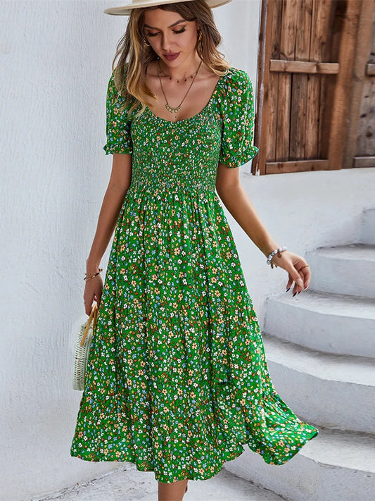 Ladies Sexy Vintage Floral Print Boho Summer Dress Women Casual Elastic Bohemian Beach Dress Women Sundress Robe Vestidos Female