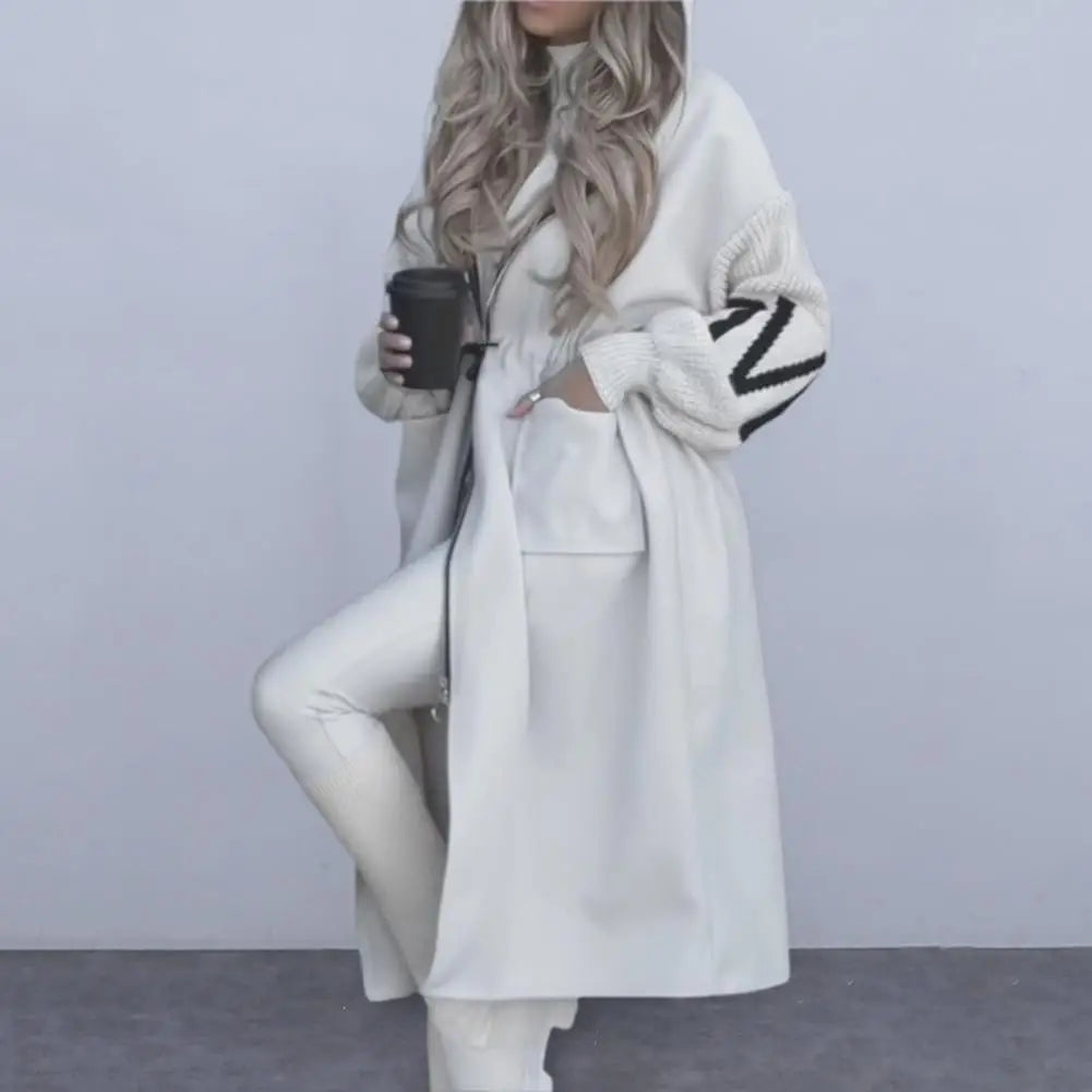 Mid-calf Outerwear Stylish Women's Winter Coat with Hood Patchwork Knitted Sleeves Drawstring Waist Trendy Outerwear for Cold