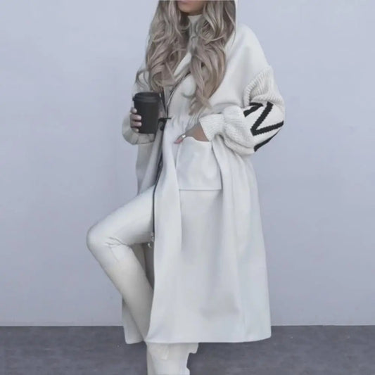 Mid-calf Outerwear Stylish Women's Winter Coat with Hood Patchwork Knitted Sleeves Drawstring Waist Trendy Outerwear for Cold