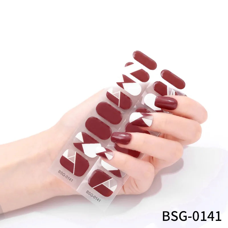 16 Strips Semi-cured Gel Nail Art Stickers 3D Hot Stamping Phototherapy Long Lasting Manicure Stickers Full Cover Nail Charms