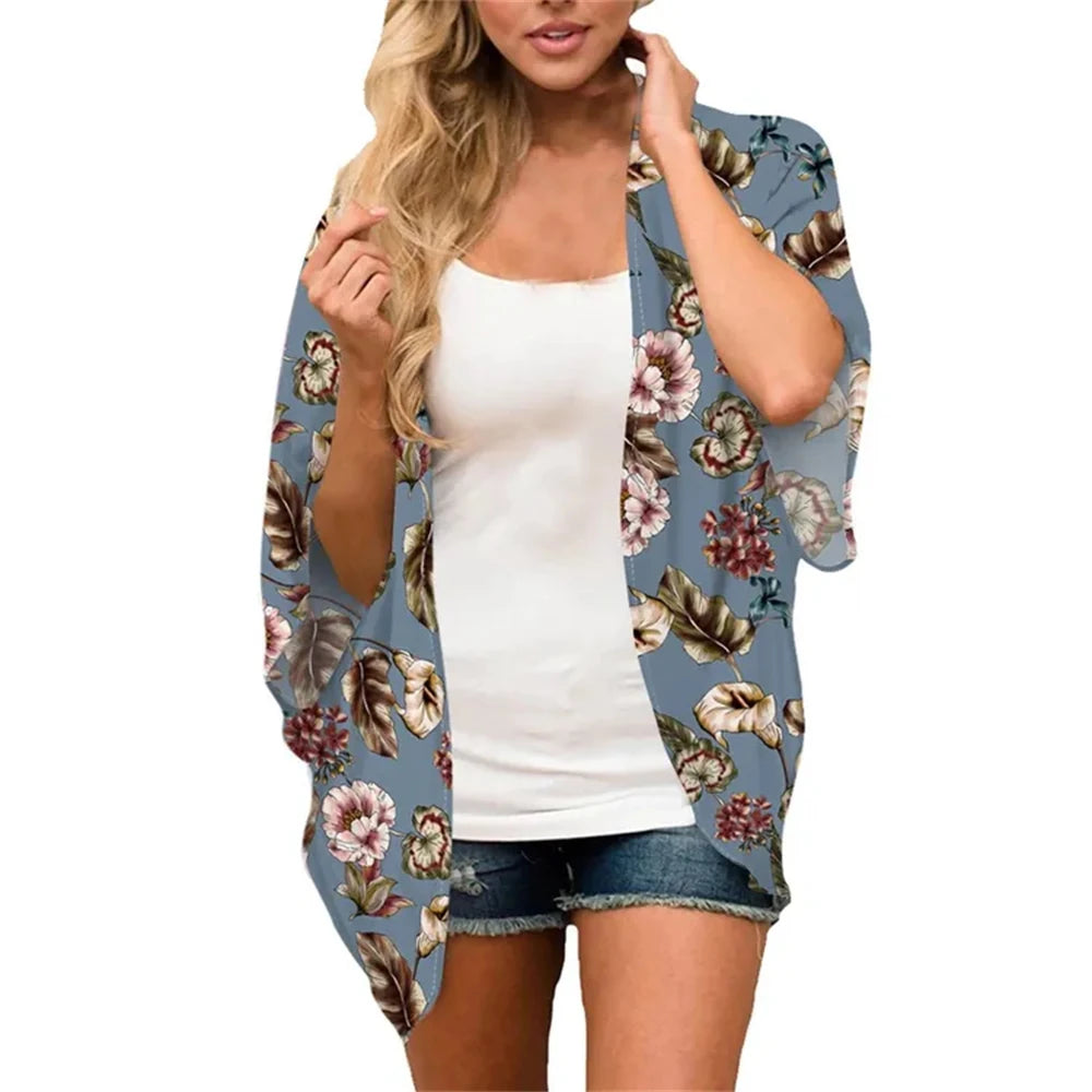 Women'S Summer Beach Kimono Cardigan Floral Print Chiffon Loose Top Bikini Cover Up Sexy Transparent Shawl Oversize Cardigan