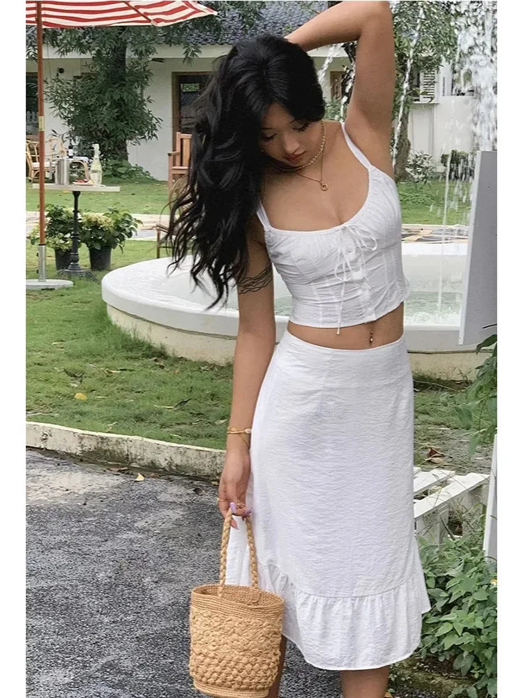 Foridol Lace Up White 2 Pcs Outfit Women Summer Dress Set 2024 New Beach Cotton Skirt Matching Set Midi Vestido Chic Sundress