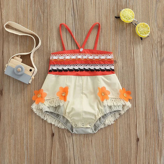 0-24M Toddler Baby Girls Romper Summer Princess Moana Flower Tassel Patchwork Sleeveless Jumpsuit Beachwear for Infant Girls