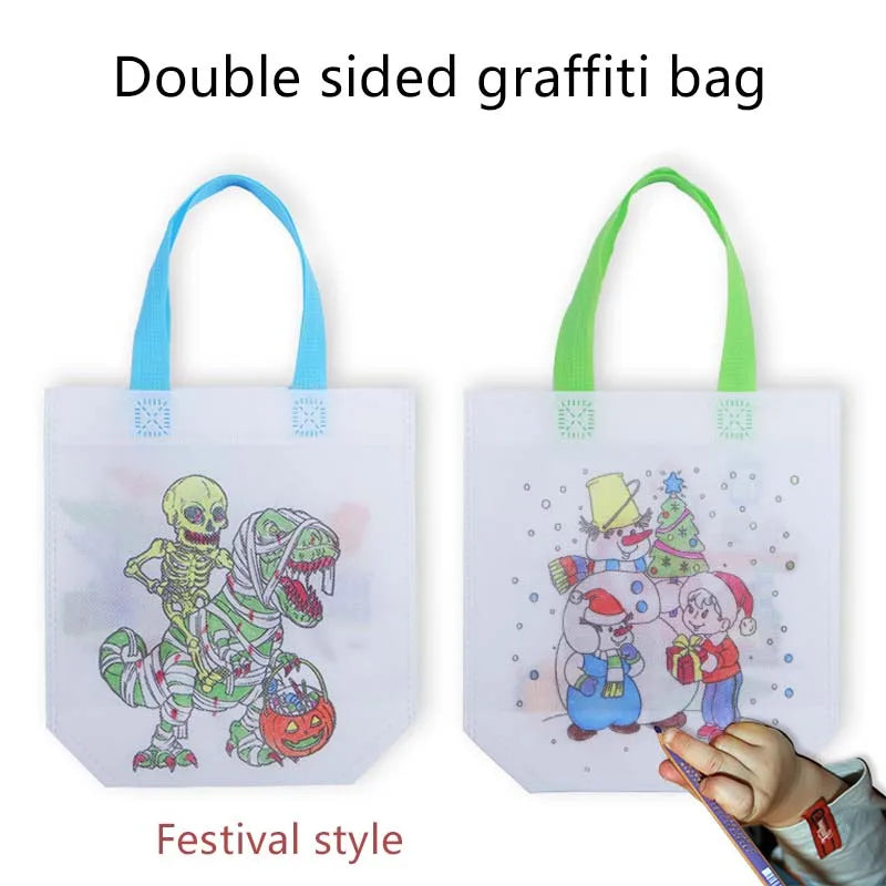 5/10pcs Festival Gift Bags Non Woven Fabric Christmas Halloween Easter Double Sided Graffiti Party Festival Tote Bag TMZ