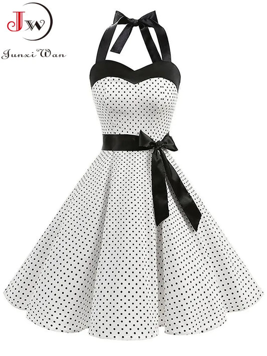 Women Polka Dot Print Summer Dress Sexy Retro White Halter Vintage Dress Robe Femme Pin Up Rockabilly Party Dress