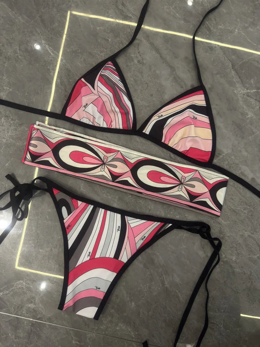 Women Swimsuit Split Swimsuit Bikini Striped Geometry Pattern One-Piece Swimsuit